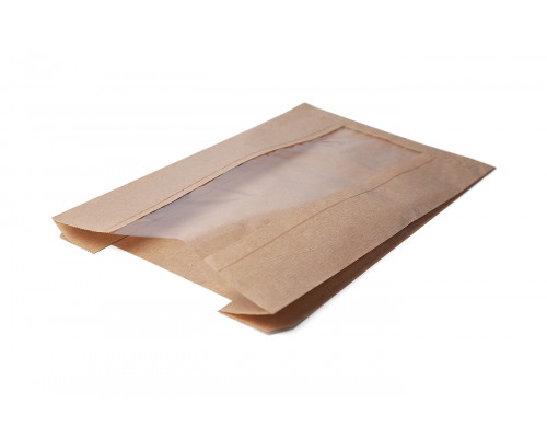 Пакет бумажный с окном 260*110*40 крафт 90мм б/п