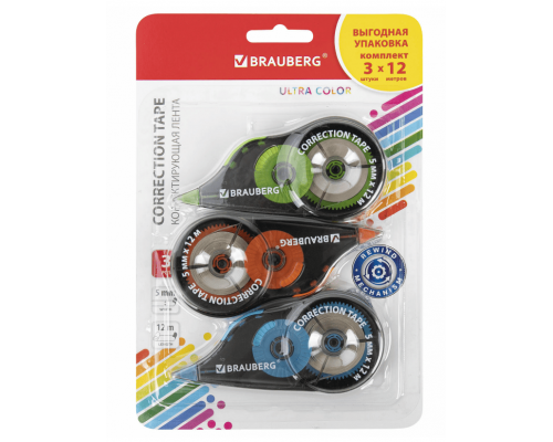 Корректирующая лента BRAUBERG ULTRA COLOR 5мм 12м механизм перемотки 3шт в упак Корректирующая лента BRAUBERG ULTRA COLOR 5мм 12м механизм перемотки 3шт в упак