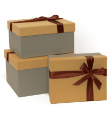 Коробка подарочная 23*19*13 с бантом тиснение РОГОЖКА бежевый-серый-шоколадный