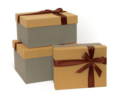 Коробка подарочная 23*19*13 с бантом тиснение РОГОЖКА бежевый-серый-шоколадный