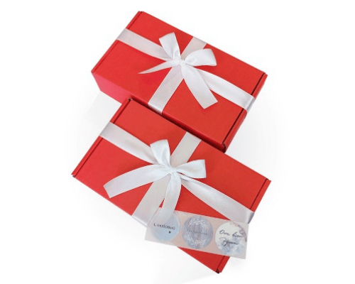 Коробка подарочная 22,5*13,5*5,5 красная с белым бантом + наклейка