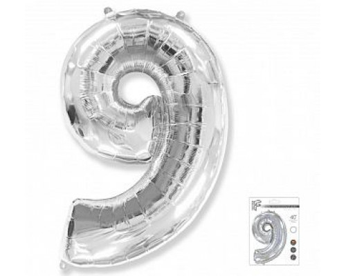 Шар фольгированный 40"/102см Цифра 9 серебро (5)
