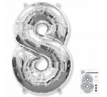 Шар фольгированный 40"/102см Цифра 8 серебро (кор 5шт)