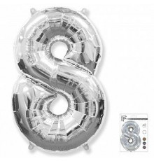 Шар фольгированный 40"/102см Цифра 8 серебро (кор 5шт)