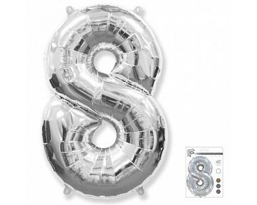Шар фольгированный 40"/102см Цифра 8 серебро (кор 5шт)