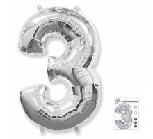 Шар фольгированный 40"/102см Цифра 3 серебро (5)