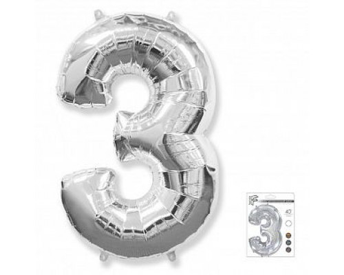 Шар фольгированный 40"/102см Цифра 3 серебро (5)